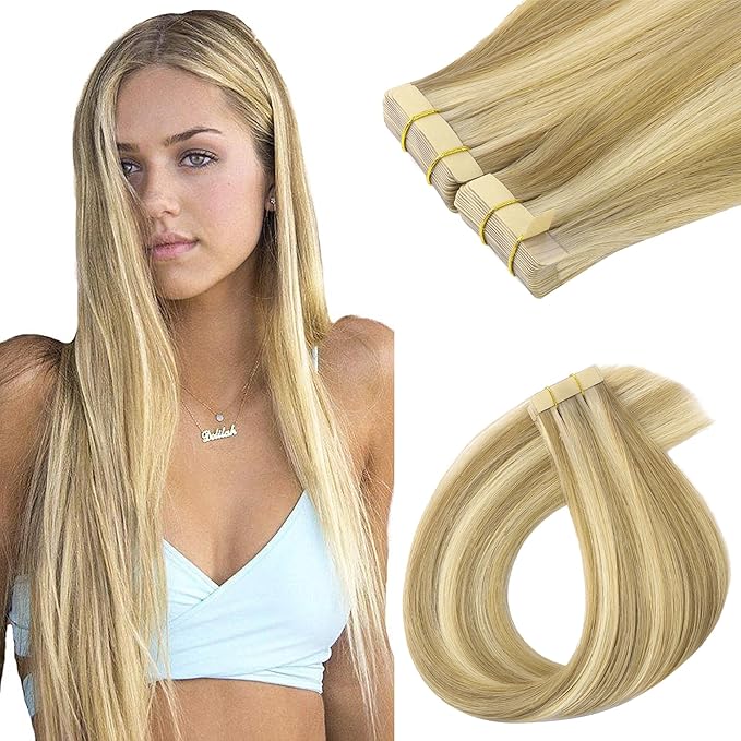 GOO GOO Tape in Hair Extensions Human Hair, 16/22 Light Blonde Highlighted Golden Blonde, 10inch 60g 40pcs, Skin Weft Seamless Invisible, Silky Straight with Thick Ends, Remy Human Hair