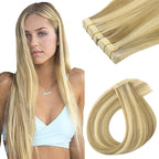 GOO GOO Tape in Hair Extensions Human Hair, 16/22 Light Blonde Highlighted Golden Blonde, 26inch 120g 40pcs, Skin Weft Seamless Invisible, Silky Straight with Thick Ends, Remy Human Hair