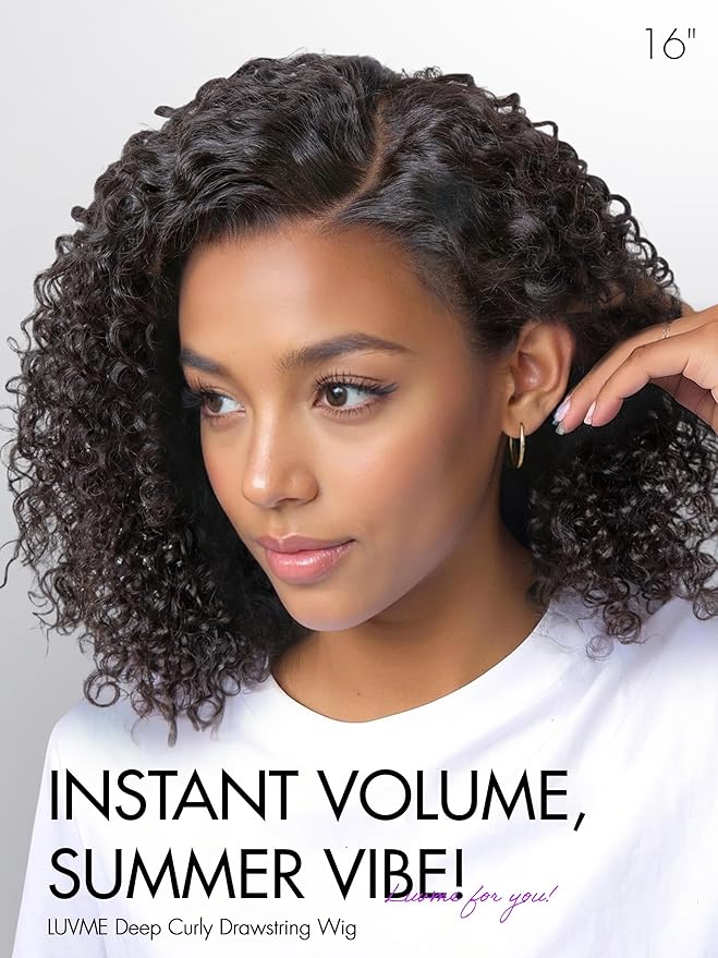 LUVME HAIR 100% Real Human Hair Wig Lace Frontal Deep Curly 18 inches Drawstring Cap Glueless HD Lace Wigs Human Hair Pre Plucked Pre Cut, Curly Wig Human Hair Ready to Go Wig