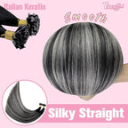 YoungSee K Tip Hair Extensions Real Human Hair Ombre K Tip Extensions Natural Black Roots to Silver Grey Balayage Keratin Tip Hair Extensions Human Hair Pre Bonded 50g 20inch 50s