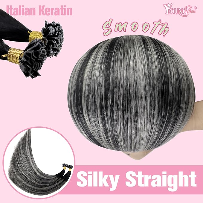 YoungSee K Tip Hair Extensions Real Human Hair Ombre K Tip Extensions Natural Black Roots to Silver Grey Balayage Keratin Tip Hair Extensions Human Hair Pre Bonded 50g 20inch 50s