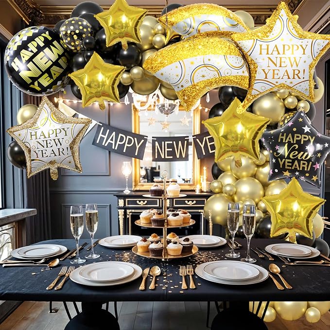Black and Gold Happy New Year Balloons, 18 Inch Large Size Foil Balloons - Image 3