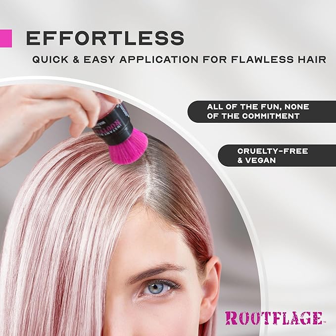 Rootflage Temporary Hair Color, Fun Colored Hair Powder - Temporary Hair Dye, Root Concealer, Hair Texturizer, Kabuki Applicator with Detail Brush Included, .31 oz (Rose Gold)