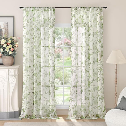 Sage Green Curtains for Living Room Sheer, Spring Leaf Vines Patterned by Lajode