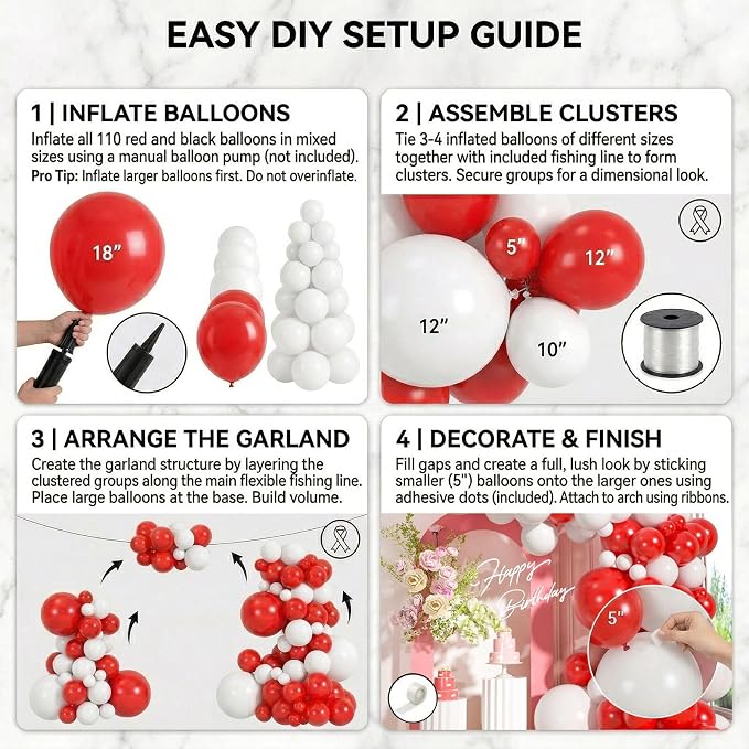 110pcs Red and White Balloons Garland Arch Kit, 18/12/10/5 Inch Balloons | - Image 4