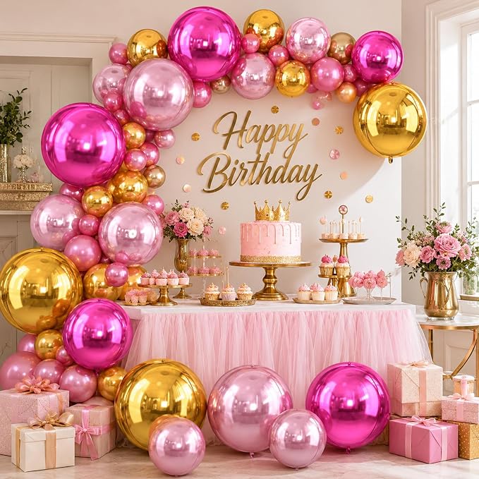 Pink Gold Round Foil Balloons, Metallic Hot Pink Gold Foil Baloon - Image 6
