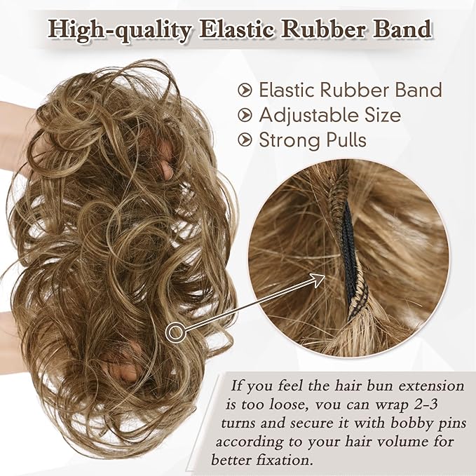 RUWISS Large Messy Bun Hair Piece 100% Human Hair Layered Wavy Curly Hair Buns Hair Piece for Women Thick Updo Hairpiece for Daily Wear Real Hair Ponytail Extension (Brown with Warm Blonde Highlights)