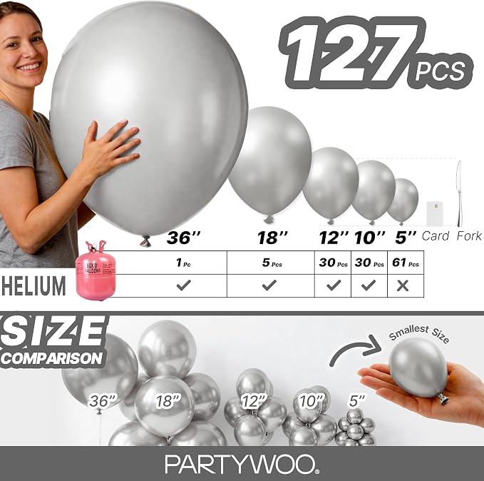 PartyWoo Silver Balloons 127pcs Different Sizes of 36 18 12 10 5 Inch | Balloons - Image 6
