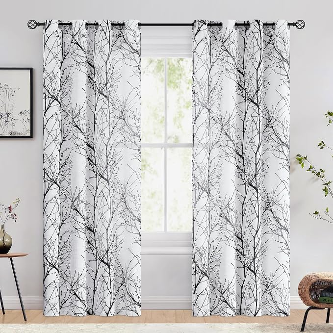 FMFUNCTEX Linen Black White Semi Sheer Print Curtains 84 Inch Long 2 Panels | - Image 2