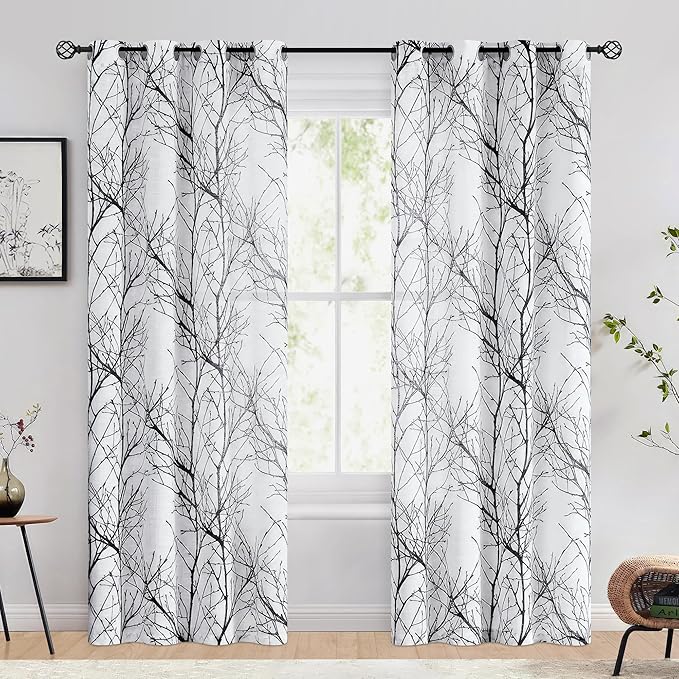 FMFUNCTEX Linen Black White Semi Sheer Print Curtains 96 Inch Long 2 Panels | - Image 2