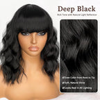 Nnzes Black Wavy Wigs with Bangs Women’s Short Black Bob Wig Synthetic Natural Looking Heat Resistant Fiber Hair