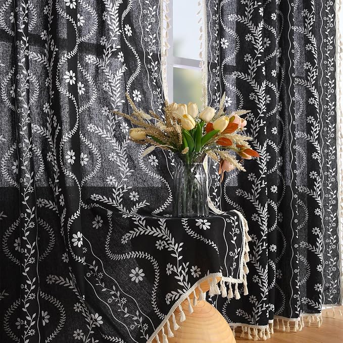Schweek Black Boho Curtain 84 Inches Length 2 Panels Drapes by Schweek