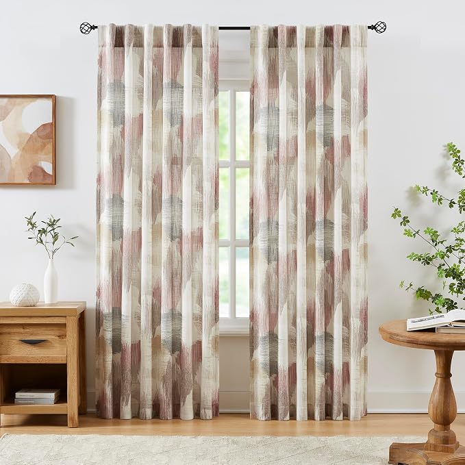Kayne Studio Red Tan Boho Geo Rod Pocket Semi Sheer Curtains 95 Inches Long | - Image 2