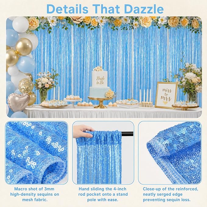 ShinyBeauty Sequin Curtains 4 Panels Baby Blue, 2x8ft Glitter Backdrop | - Image 4