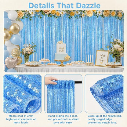 ShinyBeauty Sequin Curtains 4 Panels Baby Blue, 2x8ft Glitter Backdrop | - Image 4