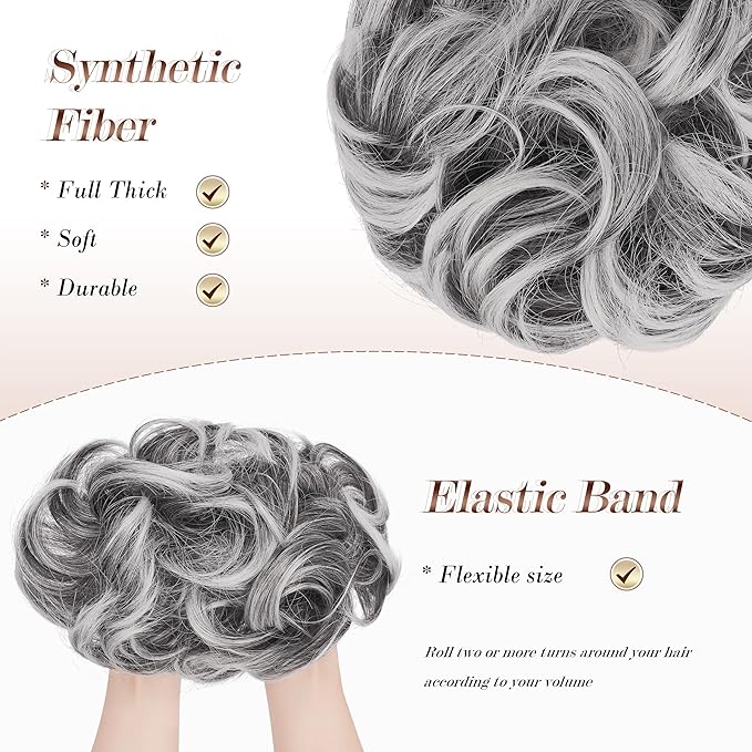 FESHFEN Messy Bun Hair Piece - Elastic Wavy Curly Hair Bun Scrunchies Extensions Synthetic Chignon Hairpieces for Women Girls, Black with White Tips 1.5 oz