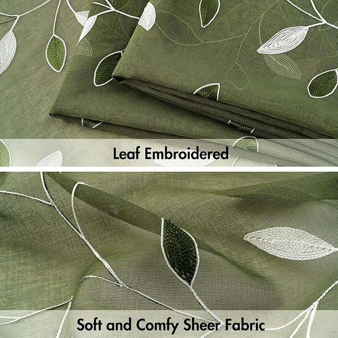 MIULEE Olive Green Sheer Curtains 2 Panels Leaf Patterned, W52 x L63 | - Image 4