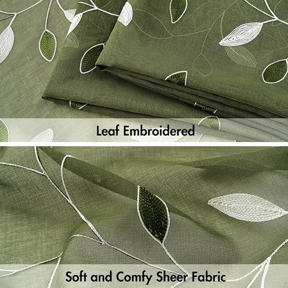 MIULEE Olive Green Sheer Curtains 2 Panels Leaf Patterned, W52 x L84 | - Image 4