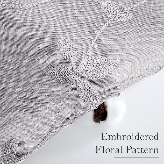 HOMEIDEAS Light Grey Sheer Curtains W52 x L96, Embroidered Vine Leaf | 2 Panels - Image 3
