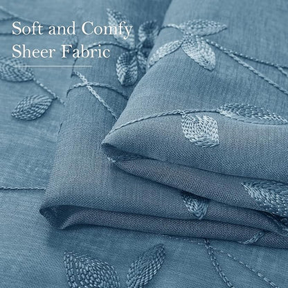 HOMEIDEAS Cyan Blue Sheer Curtains 2 Panels, Embroidered Vine Leaf, W52xL84 | - Image 4