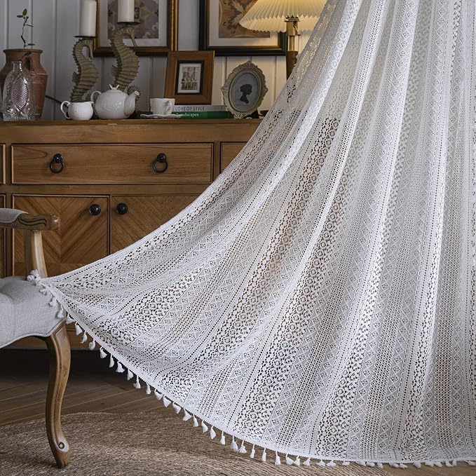 Sutuo Home White Boho Curtains Crochet Lace Semi-Sheer Bohemian Hollow Knitted by SutuoHome