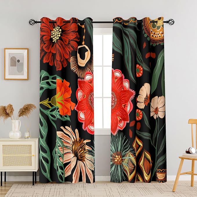 Tyrot Black Boho Floral 100% Blackout Curtains by TyrotHomeDecor
