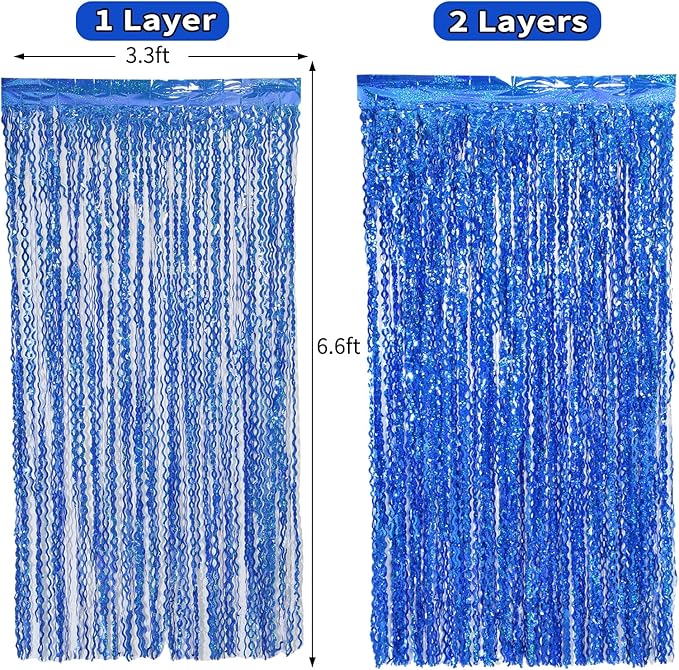 4 Pack 3.3 ft x 6.6 Wavy Sparkle Dark Blue Foil Fringe Backdrop Curtain - Image 4