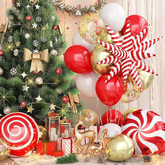 Red and Gold Christmas Balloon Set, 12 Inch Matte Red Metallic Gold Confetti - Image 3