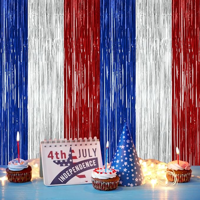 ZATAYE 4 Pack Blue Silver Red Foil Curtain Streamer Decorations | Blue Silver - Image 6