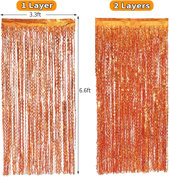 4 Pack Orange Wavy Metallic Tinsel Foil Fringe Curtains | 3.3 ft x 6.6 ft Party - Image 5