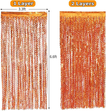 4 Pack Orange Wavy Metallic Tinsel Foil Fringe Curtains | 3.3 ft x 6.6 ft Party - Image 5