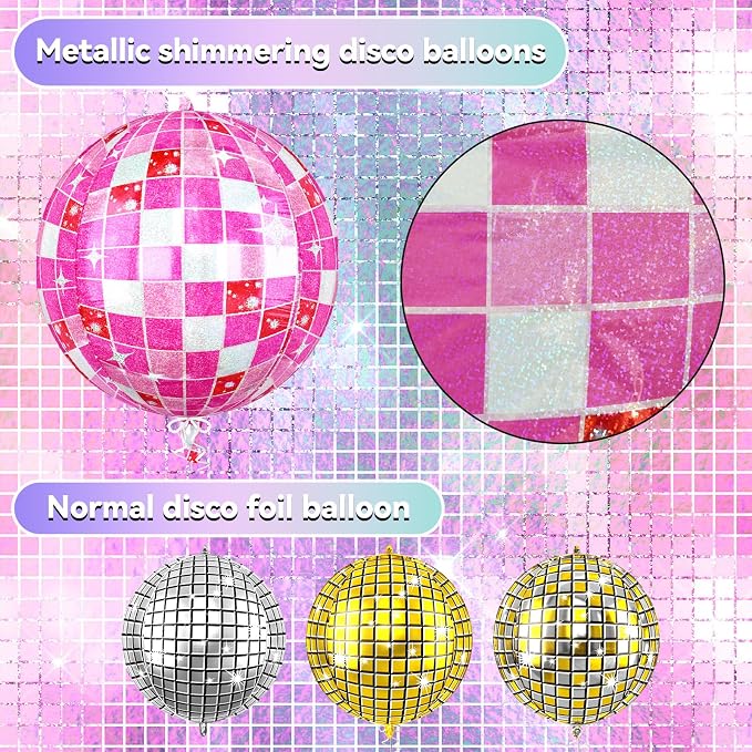 6pcs 22 Inch Pink Disco Ball Balloons, 4D Large Foil Aluminum Balloon - Image 3