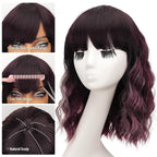 Nnzes Short Wavy Bob Wig with Bangs for Women Shoulder Length Curly Ombre Red Burgundy Highlight Synthetic Heat-Resistant Fiber Hair for Daily & Party Use