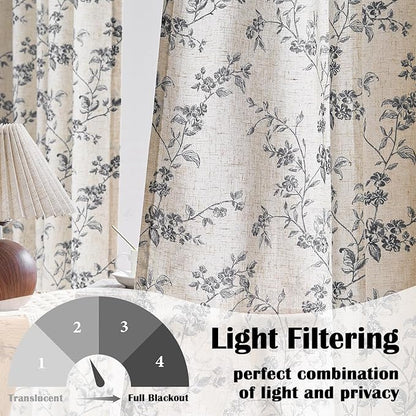 Black Vintage Floral Linen Curtains Farmhouse 38W X 90L 2 Panels | Elisa Series - Image 2