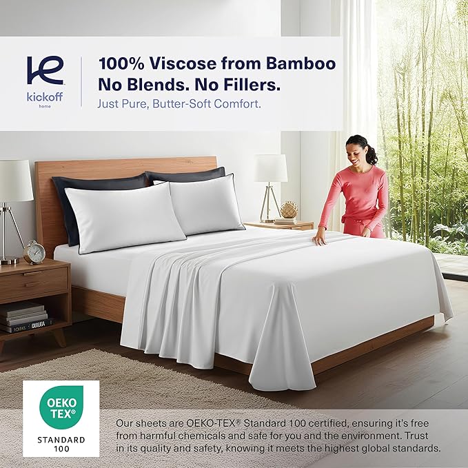Kickoff Viscose Bamboo Pillowcase, Queen, Set of 2, 100% Organic Hidden Zippered Viscose Bamboo Pillow Case Queen Size, Cooling Pillow Cover for Hot Sleepers (20"x30", Trimmed, Onyx Black)