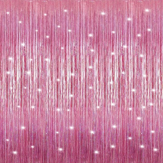 Crosize 2 Pack Laser Party Pink Streamers Backdrop, 3.3 x 9.9 ft | Tinsel Foil by Crosize