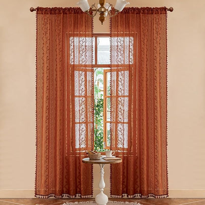 WAZZIO Boho Lace Curtains 84 Inch 2 Panels-Vintage Sheer Panel Drape Floral - Image 3