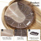 Large MONO Top Hair Toppers for Women Remy Human Hair 14 Inch 6"x7" Big Base Partial wig Cover Thinning Hair or Loss No Bangs Natural Wiglets(Light Brown Highlights)
