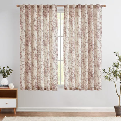 jinchan Red Floral Linen Curtains 63 Inch Farmhouse Back Tab 2 Panels | Light by JINCHAN