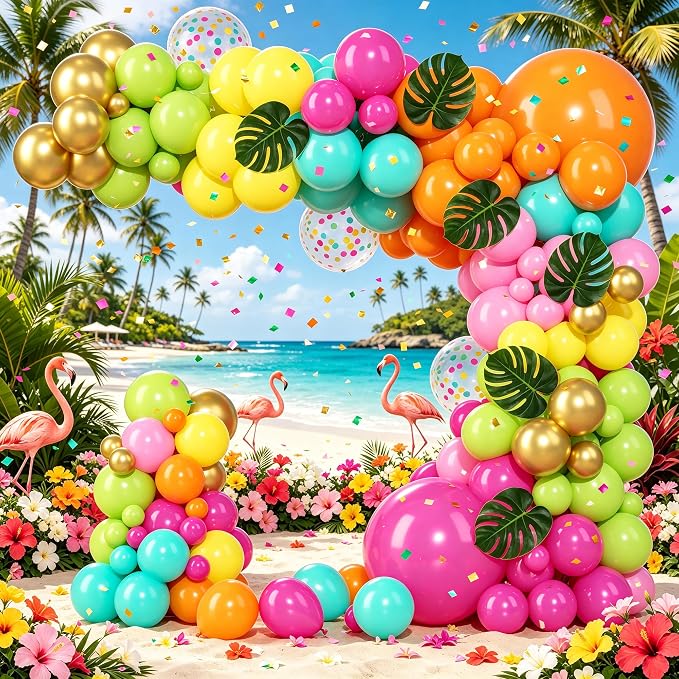 142pcs Summer Hawaiian Tropical Neon Balloon Arch Kit, Palm Leaves | Flamingo by iloveallfamilymagic