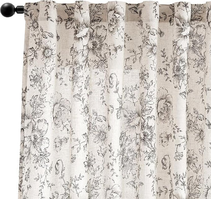 jinchan Black Floral Linen Curtains 108 Inch Farmhouse Back Tab 2 Panels | - Image 9