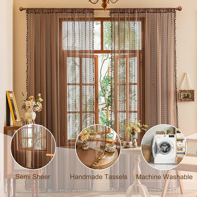 Sutuo Home Boho Lace Sheer Curtains 84 inches long, Bohemian Farmhouse Crochet - Image 2