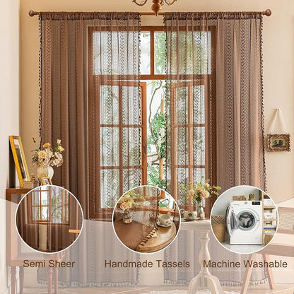 Sutuo Home Boho Lace Sheer Curtains 84 inches long, Bohemian Farmhouse Crochet - Image 2