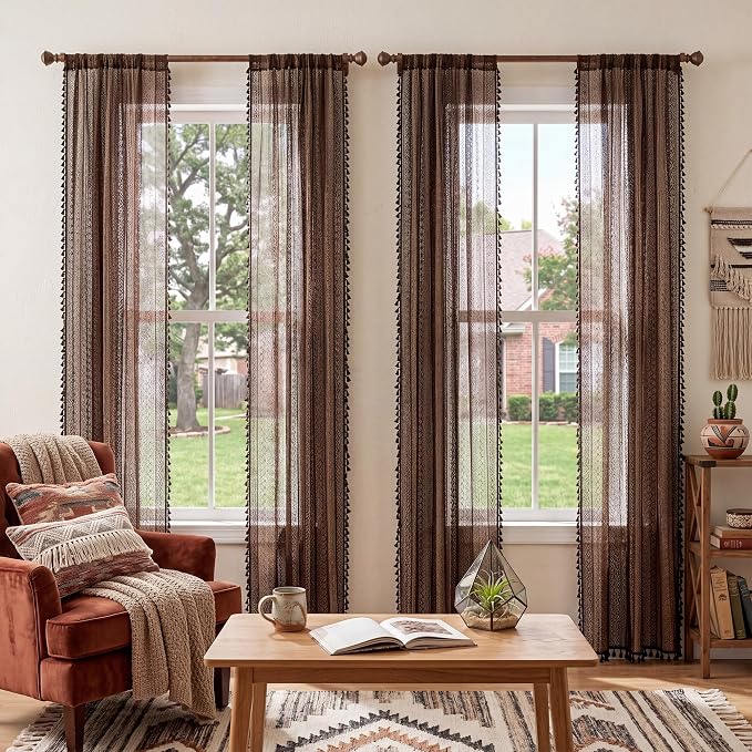 WAZZIO Boho Lace Curtains 84 Inches 2 Panel, Light Filtering Privacy Tassel & - Image 9