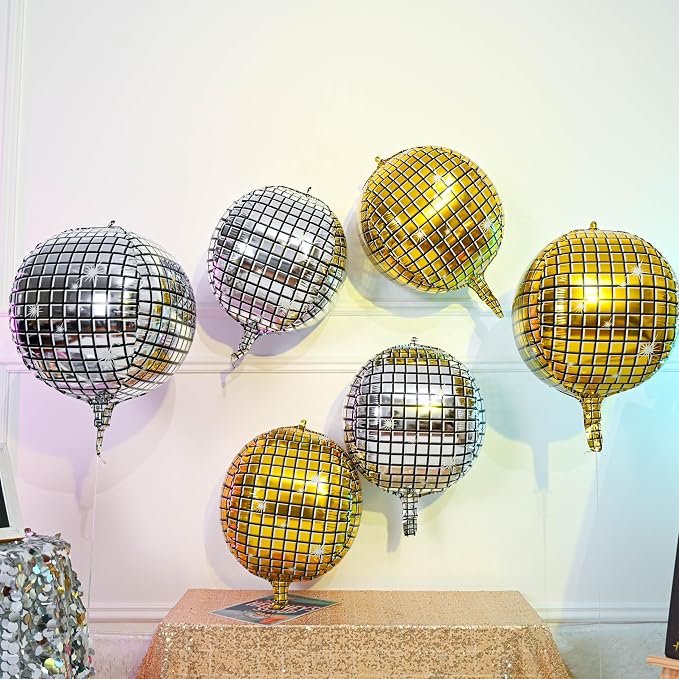 6pcs 22 Inch Gold Silver Disco Ball Balloons, 4d Large Foil Aluminum Balloon - Image 3