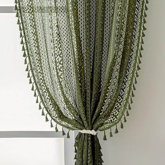 WAZZIO Boho Lace Curtains 84 Inches 2 Panel, Light Filtering Privacy Tassel & by WAZZIO