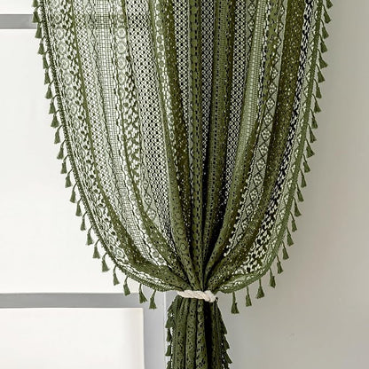 WAZZIO Boho Lace Curtains 84 Inches 2 Panel, Light Filtering Privacy Tassel & by WAZZIO