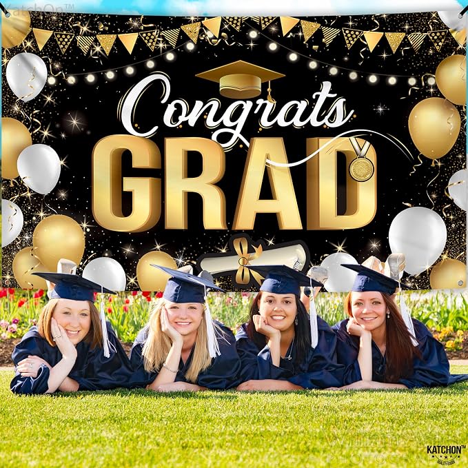 KatchOn Black and Gold Congrats Grad Banner 72x44 Inch | Graduation Decorations - Image 6