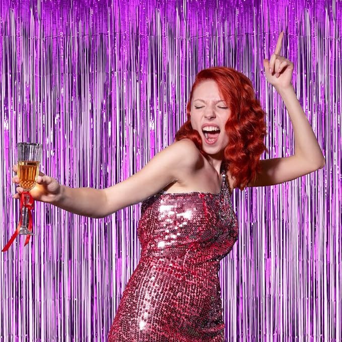 Voircoloria Purple Foil Fringe Backdrop Curtains, 3 Pack | Tinsel Streamers - Image 7