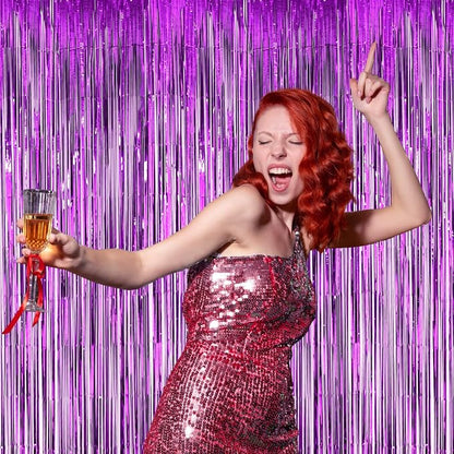 Voircoloria Purple Foil Fringe Backdrop Curtains, 3 Pack | Tinsel Streamers - Image 7